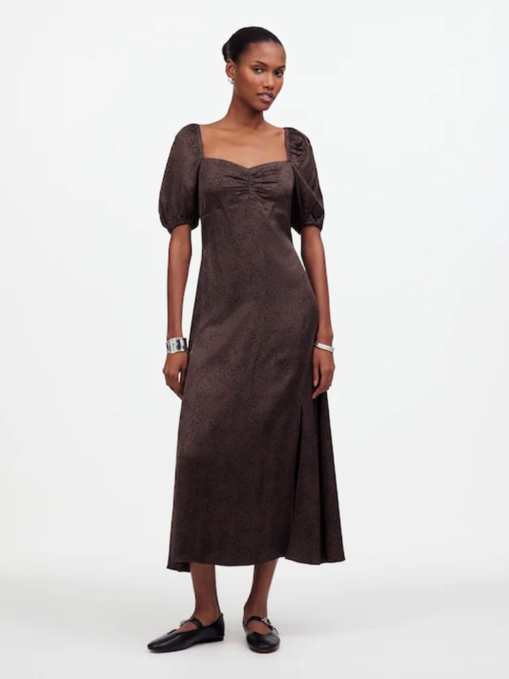 MADEWELL Women’s 0 Brown Midi Dress Milkmaid Sweetheart Puff Sleeve Silky Modern